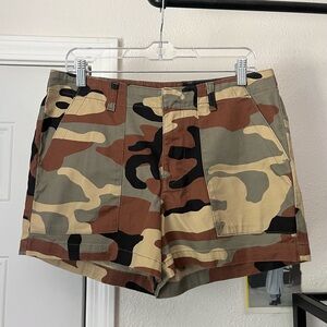 OUTERKNOWN olive green yellow brown camo organic cotton high rise shorts